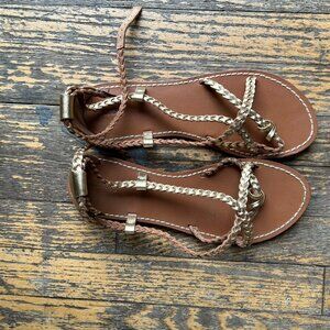 Soludos Brown Leather Braided T-Strap Sandals with Gold Accents